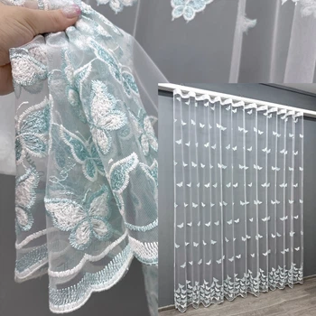 Тюль VR-Textil 1742т Фатин «Бабочки» с вышивкой и люрексом Бирюзовый с белым 300х270 см (42-0781)