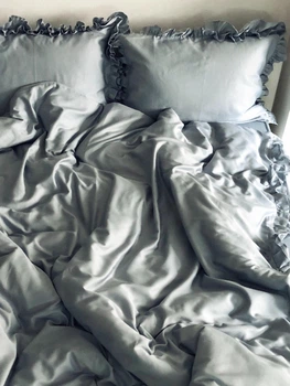 Комплект постільної білизни Cozy з рюшами сіро-блакитний Односпальний 140*200 см, простирадло 90*200*20 на резинці