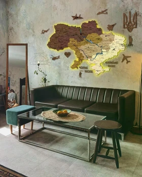 Панно из дерева на стену Decart. Декор в подарок для квартиры, дома и офиса Карта Украины (грунты) с дополнительным декором 150х99 см с подсветкой