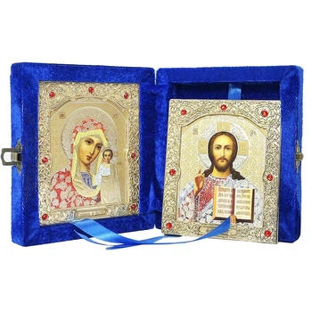 Икона "Богородица Казанская и Спаситель" в бархате с камнями синяя