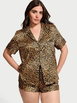 Піжама (сорочка + шорти) жіноча Victoria's Secret Satin 26935425 S Чорна (леопардовий принт) (5951666946)