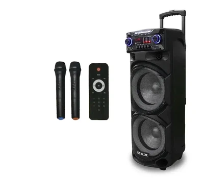 Колонка аккумуляторная 2х10" 200Вт портативная c 2 радиомикрофонами караоке акустическая система c LED RGB подсветкой 72х43х34см TWS/FM/USB/TF/SD/BT/REC/EQ/LED/2MIC ZXX-9292