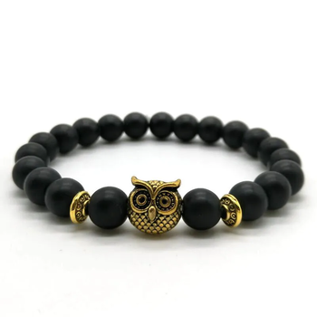 Браслет сова із шунгіту з золотистою совою OWL чорний вулканічний камінь
