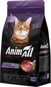 Повнораціонний сухий корм AnimAll для дорослих котів зі свіжою індичкою та качкою 1.5 кг (178598)