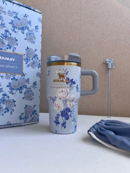 Термокружка Stanley Love Shack Fancy 20 oz (591 мл) синій з квітами у подарунковій коробці