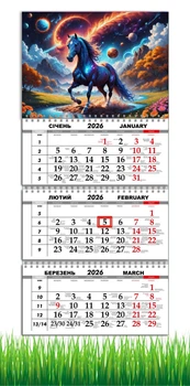 Календар настінний квартальний на 2026 рік на три пружини , Apriori, рік Коня, Кінь, символ року Кінь,Horses , 29,7х61см , 10 вид