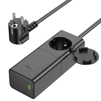 Мережевий зарядний пристрій подовжувач Hoco NS4, 1 USB, 2 Type-C, PD 65W, 1.5m, black