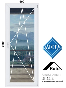 600*2080 двері металопластикові, Veka WHS72 / Roto / 4i-24-4, праве відкривання, VEKA