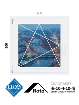 600*900, окно металлопластиковое, Veka WHS60 / Roto / 4i-10-4-10-4i, левое открывание, VEKA