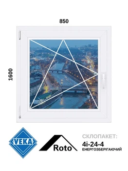 850*1600, окно металлопластиковое, Veka WHS72 / Roto / 4i-24-4, левое открывание, VEKA
