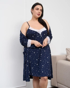 Ночная Сорочка с халатом женская 3XL синяя - 19010