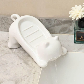 Мильниця пластикова у формі кота Cat Shaped Soap Dish, самозливна підставка-тримач для мила та губки у ванну і на кухню