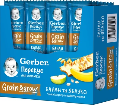 Упаковка фруктово-злакових батончиків у вафельному листі Gerber з бананом та яблуком для дітей із 12 місяців 25 г х 20 шт (8445290575975)