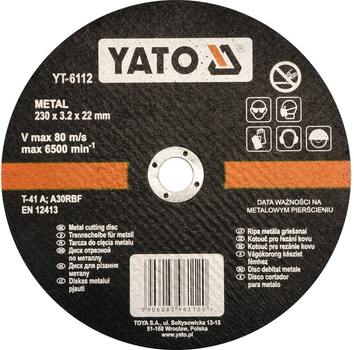 Диск для різання металу YATO 230 x 3.2 мм YT-6112 (5906083961120)