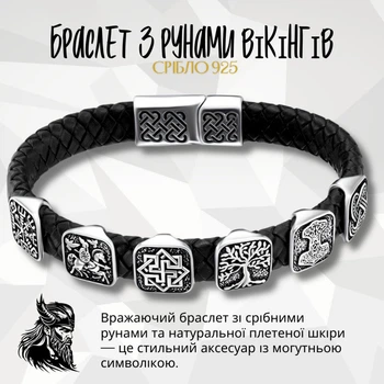 Браслет із рунами Вікінгів зі срібла з натуральною шкірою 23 см