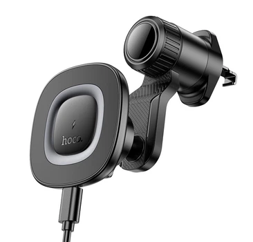 Тримач для мобільного з БЗП HOCO HW30 Crown magnetic wireless charging car holder (air outlet) Black Metal Gray (6942007646925)