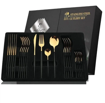 Набор столовых приборов на 6 персон 24 предмета Polished Cutlery Set 4324 из нержавеющей стали черный с золотом