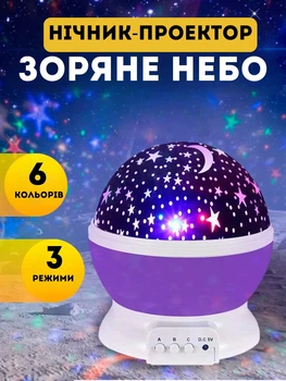 Нічник-проєктор зоряного неба 6 кольорів, з обертанням 360°, 3 режими роботи