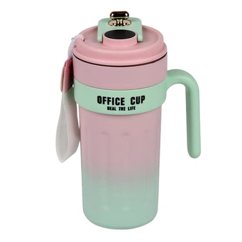 Термокухоль Office Cup MT-5344, 650 мл, з індикатором температури та ручкою, рожевий із салатовим
