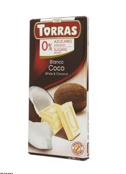 Шоколад білий без цукру 0% Torras з кокосом без глютену 75 г