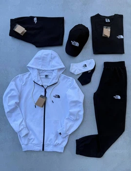 Чоловічий спортивний комплект The North Face (костюм+шорти+футболка+бейсболка+шкарпетки) XL Білий з чорним (HB-083)