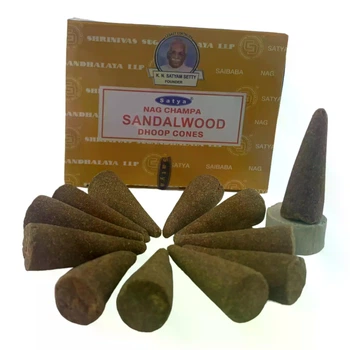 Ароматические конусы Satya Nag Champa Sandalwood, 12 шт, с подставкой 35024