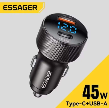 Автомобильное зарядное устройство Essager ES-CC21 45 Вт USB+TypeC PD+QC LED дисплей технология быстрой зарядки