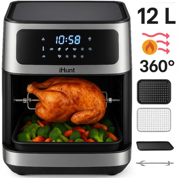 Аерофритюрниця з вертелом для м'яса iHunt BRO Air Fryer Rotary, 12 л, обдув 360°, мультипіч 10-в-1, 10 автоматичних програм, LED панель, антипригарне покриття, нержавіюча сталь