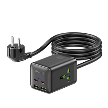 Сетевое зарядное устройство BAVIN PC2026Y 65W GaN Super Quick Charger QC4.0 + 2 PD3.0 Type-C + 2 USB-A 3A PPS + 2 AC 250V 2500W 1.5M Black