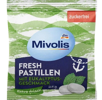 Пастилки для свіжого подиху з евкаліптом , без цукру Mivolis Pastillen Fresh Eukalyptus zuckerfrei 25 g