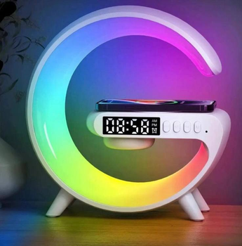 Настольный RGB ночник с беспроводной зарядкой, часами и блютуз колонкой.