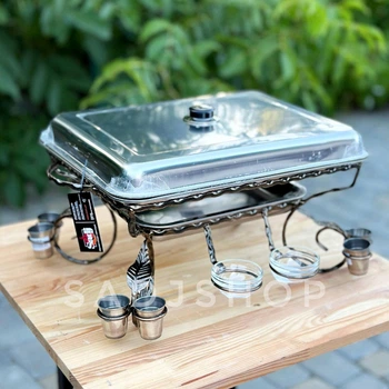 Садж блюдо для подачі шашлика з підігрівом Grill прямоугольний 35-45см з соусницями та чарками