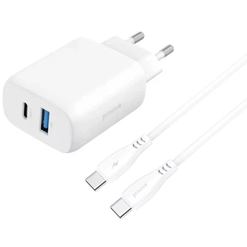 Быстрая зарядка Proove Silicone Power 2 30W (Type-C + USB) + Cable Type-C to Type-C (1m) white (WCSP23011002)