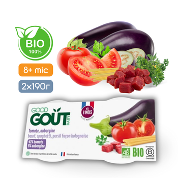 М'ясо-овочеве пюре зі спагетті Good Gout BIO Баклажани та яловичина для дітей від 8 місяців, 2х190 г