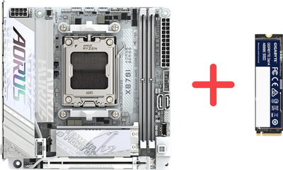 Материнська плата Gigabyte X870I AORUS PRO ICE (sAM5, AMD X870, PCI-Ex16)+ SSD диск Gigabyte Gen4 4000E 500GB M.2 2280 NVMe PCIe 4.0 x4 3D NAND Flash у подарунок!