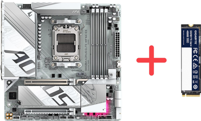 Материнська плата Gigabyte B850M AORUS ELITE WIFI6E ICE (sAM5, AMD B850, PCI-Ex16)+ SSD диск Gigabyte Gen4 4000E 500GB M.2 2280 NVMe PCIe 4.0 x4 3D NAND Flash у подарунок!