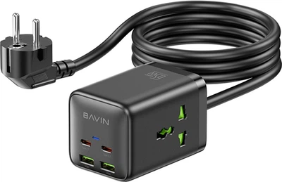 Сетевой фильтр-удлинитель Bavin PC2026Y 65W GaN Super Quick Charger QC4.0 + 2 PD3.0 Type-C + 2 USB-A 3A PPS + 2 AC 250V 2500W 1.5M Black (C-S-PC2026Y BK)