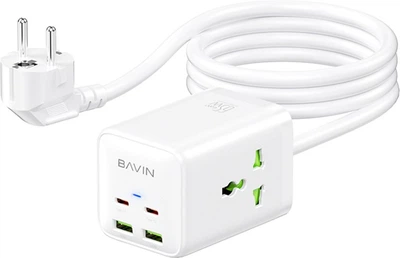Сетевой фильтр-удлинитель Bavin PC2026Y 65W GaN Super Quick Charger QC4.0 + 2 PD3.0 Type-C + 2 USB-A 3A PPS + 2 AC 250V 2500W 1.5M White (C-S-PC2026Y WH)