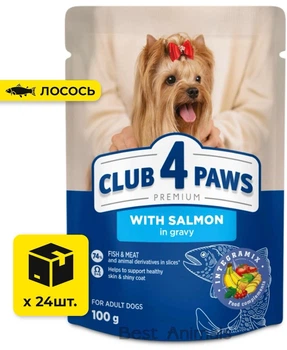 Вологий корм для собак малих порід Club 4 Paws Клуб 4 Лапи з лососем в соусі пауч 100 г 24 шт
