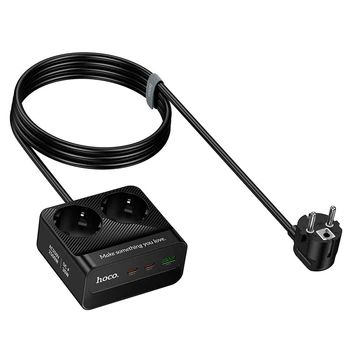 Удлинитель сетевой HOCO AC27 Descanso, 2-socket PD Desktop Charger, 1USB, 2Type-C, 30W, 3A, 2500W, 2m, black