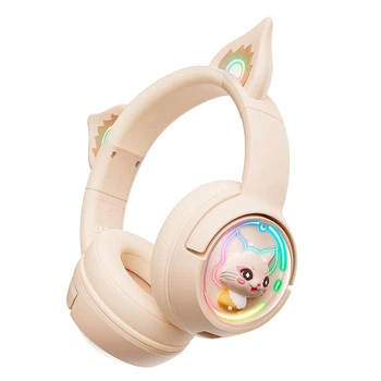 Наушники Onikuma беспроводные Bluetooth игровые Cat Ear с RGB, AUX и Type-C, 55 часов Бежевые (B5)