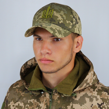 Кепка ЗСУ піксель з гербом, бейсболка тактична армійська військова камуфляжна, з ЗD тризубом 55-56