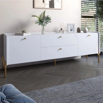 Тумба под телевизор с ящиками LION Wood с золотыми ножками 180x50x40 см Нимфея Альба (белый) (LION-043118)
