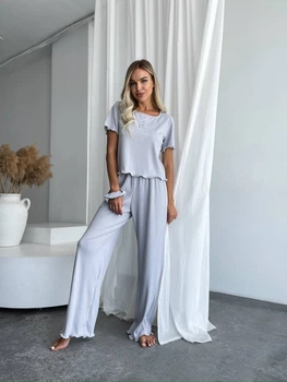Жіночий домашній костюм трійка (топ+резинка+штани) Uaclothes 50-52 Сірий (like34016-144231358)