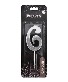 Свечка для торта Цифра 6 серебристая с блесками 5 см Pelican (863316)