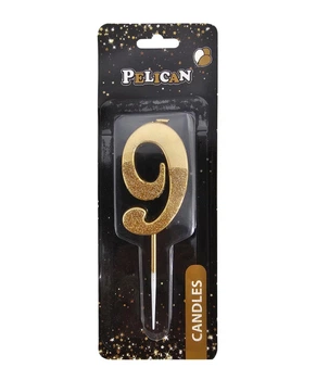 Свечка для торта Цифра 9 золотистая с блесками 5 см Pelican (863309)
