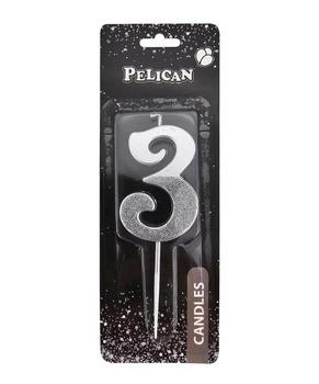 Свечка для торта Цифра 3 серебристая с блесками 5 см Pelican (863313)