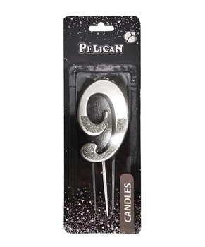 Свечка для торта Цифра 9 серебристая с блесками 5 см Pelican (863319)