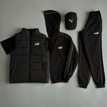 Стильний чоловічий осінній костюм Puma 5в1 штани+худі+футболка+жилетка+кепка M чорний (0043)