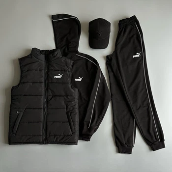 Стильний чоловічий осінній костюм Puma 4в1 штани+худі+жилетка+кепка XL чорний (0044)